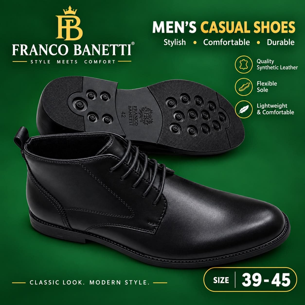 Jet Black oxford shoe for men — Men's Chukka Franco Banetti Boots